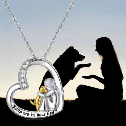 Sparkling Heart Dog Pendant Necklace with Zirconia Stone