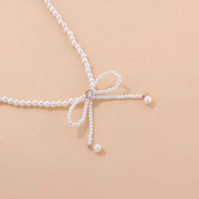 Delicate Beaded Pearl Bow Choker Necklace