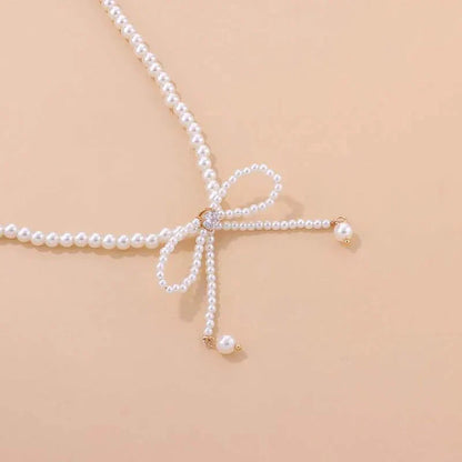 Delicate Beaded Pearl Bow Choker Necklace
