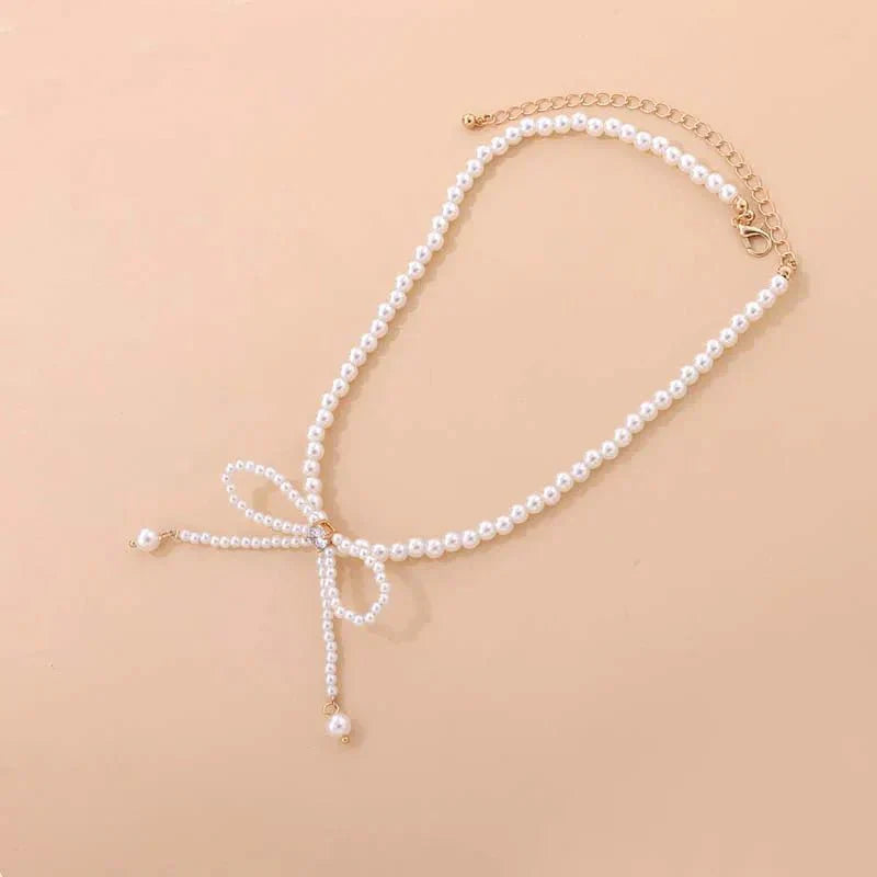 Delicate Beaded Pearl Bow Choker Necklace