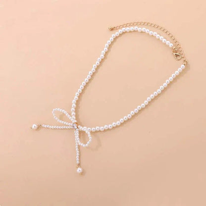 Delicate Beaded Pearl Bow Choker Necklace