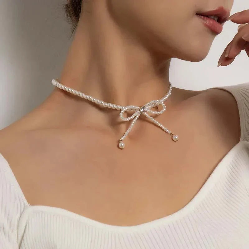 Delicate Beaded Pearl Bow Choker Necklace