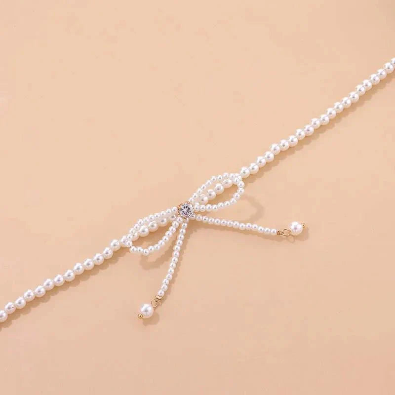 Delicate Beaded Pearl Bow Choker Necklace