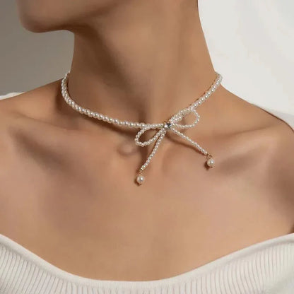 Delicate Beaded Pearl Bow Choker Necklace