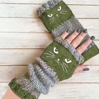 Warm Cat Pattern Fingerless Gloves