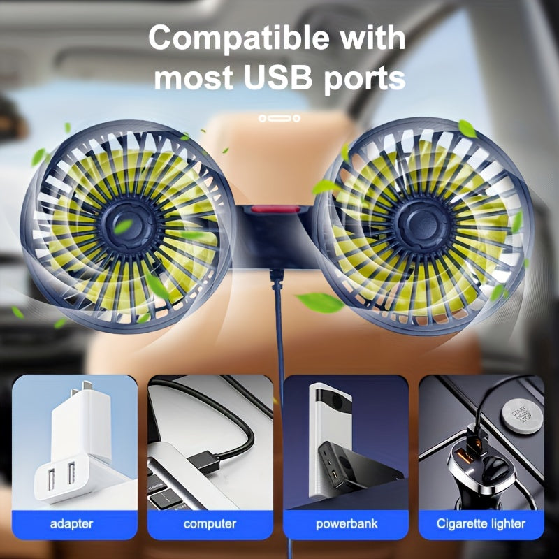 Portable Dual Car Fan with 360 Rotation and USB Power