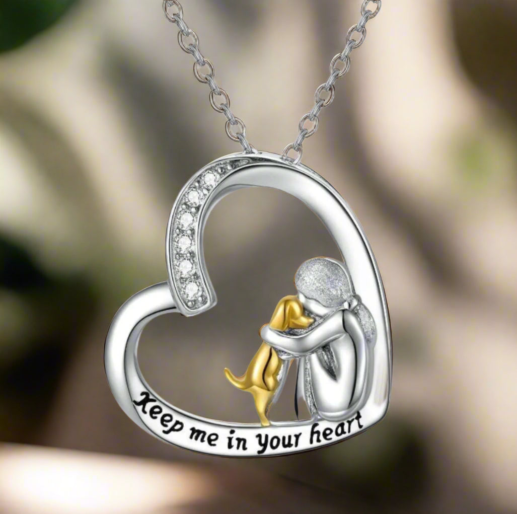 Sparkling Heart Dog Pendant Necklace with Zirconia Stone
