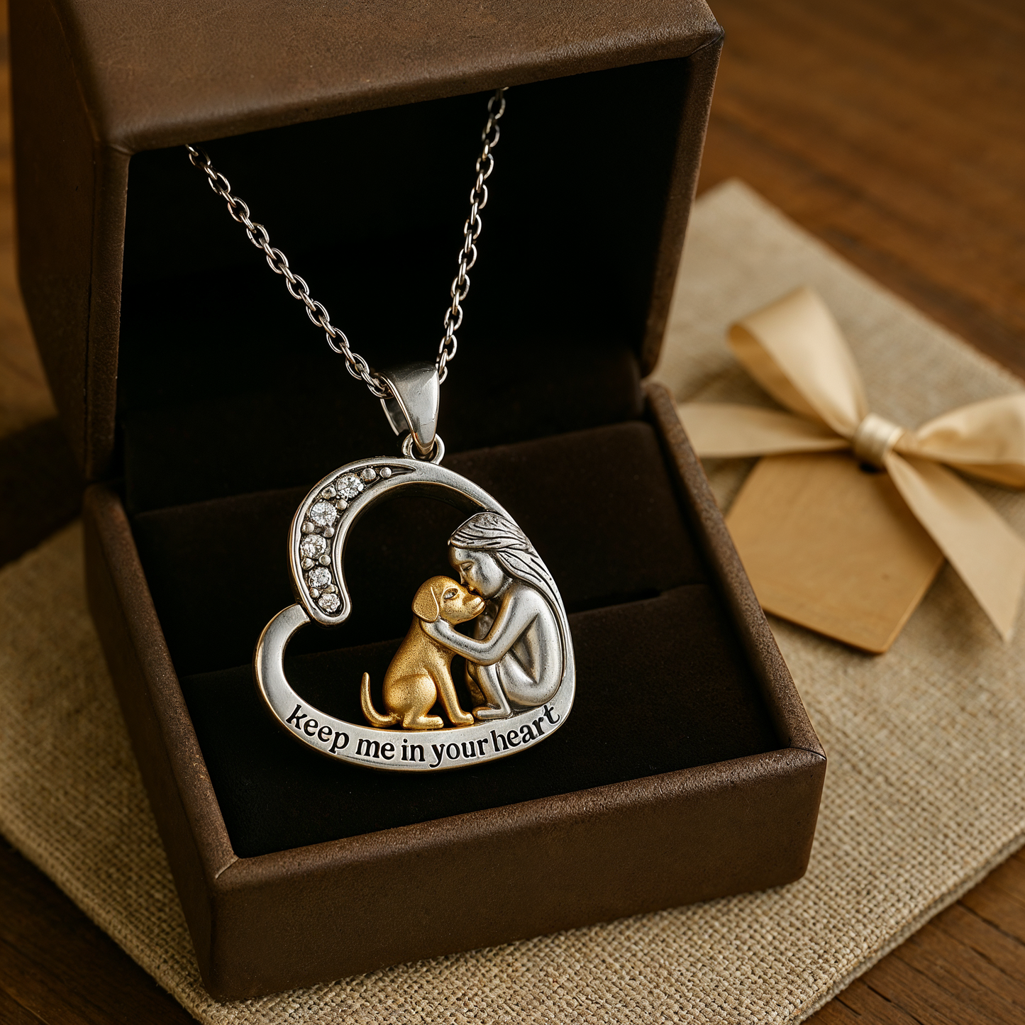 Sparkling Heart Dog Pendant Necklace with Zirconia Stone