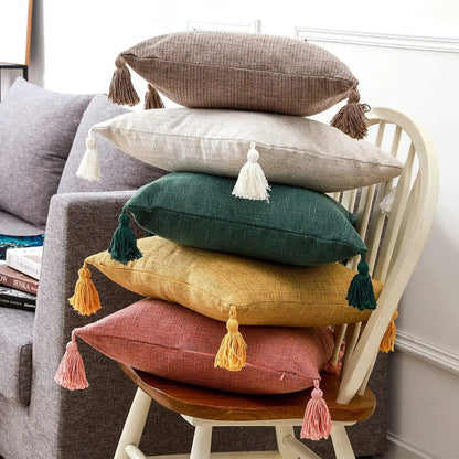 Stylish Linen Cushion Cover with Colorful Tassels