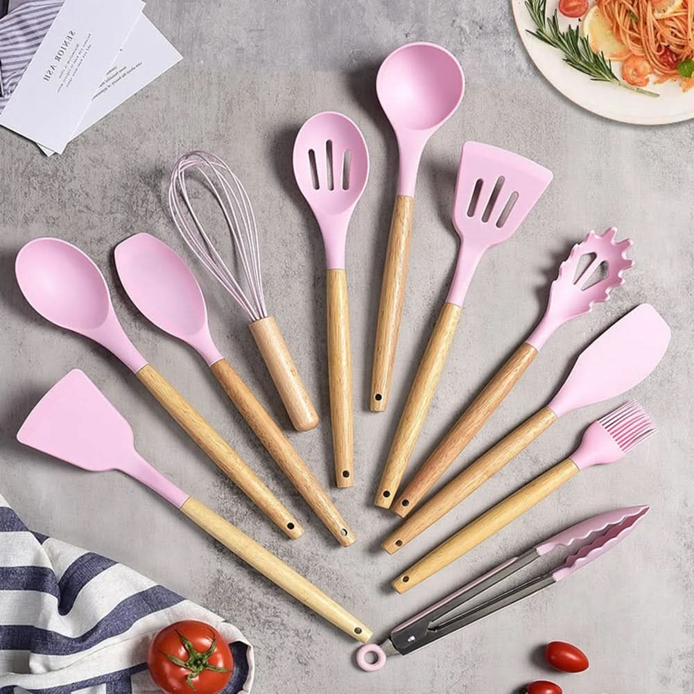 Eco-Friendly Silicone Kitchen Utensil Set with Wood Handles