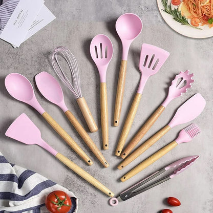 Eco-Friendly Silicone Kitchen Utensil Set with Wood Handles