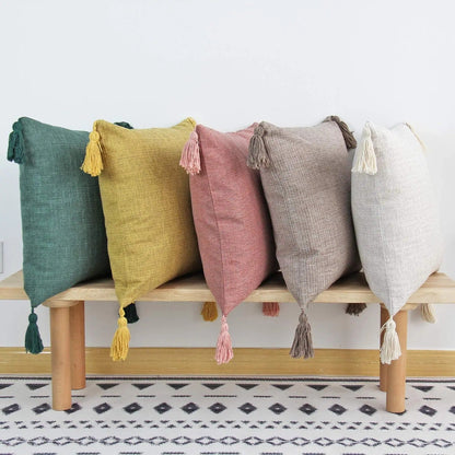 Stylish Linen Cushion Cover with Colorful Tassels