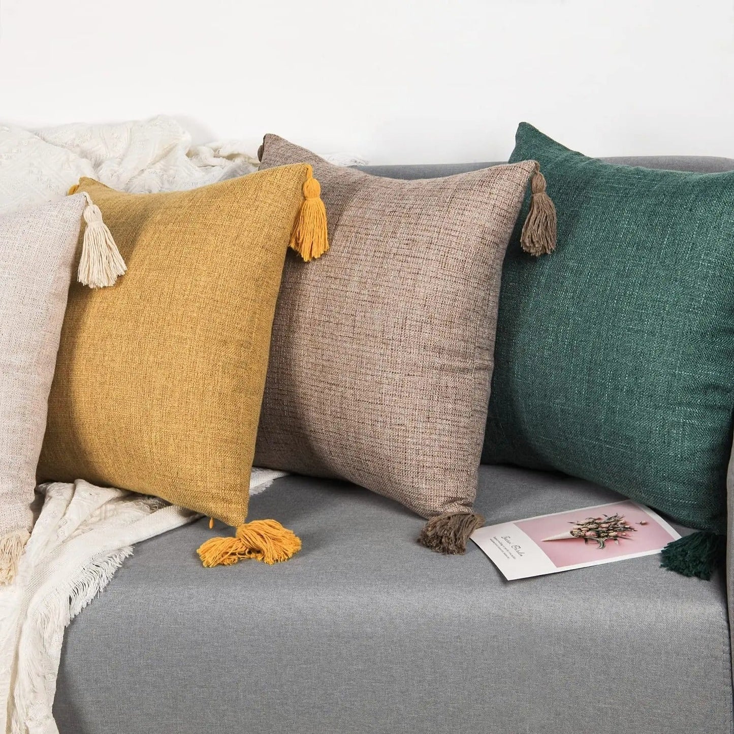 Stylish Linen Cushion Cover with Colorful Tassels