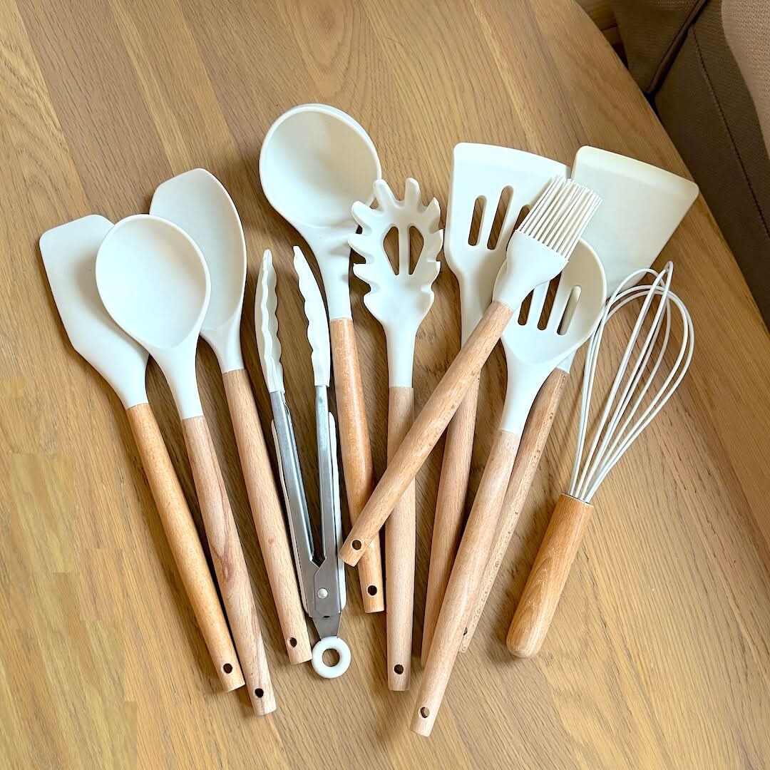 Eco-Friendly Silicone Kitchen Utensil Set with Wood Handles