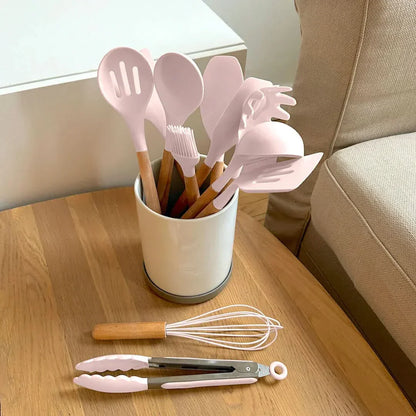 Eco-Friendly Silicone Kitchen Utensil Set with Wood Handles