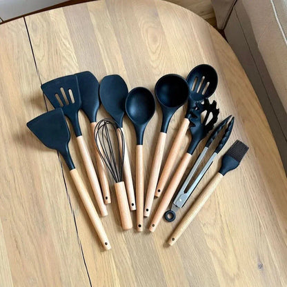 Eco-Friendly Silicone Kitchen Utensil Set with Wood Handles