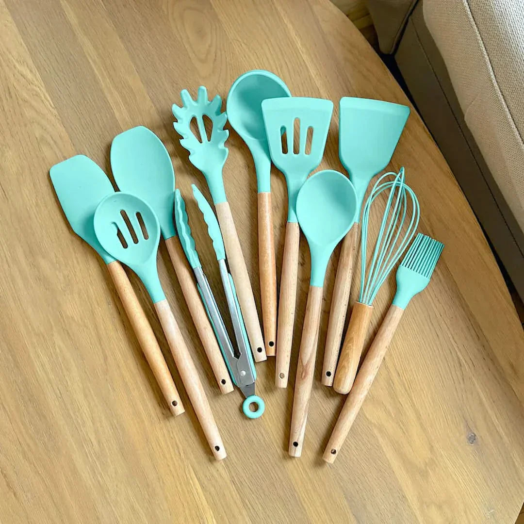 Eco-Friendly Silicone Kitchen Utensil Set with Wood Handles
