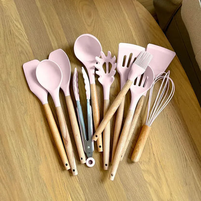 Eco-Friendly Silicone Kitchen Utensil Set with Wood Handles