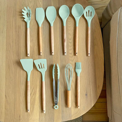 Eco-Friendly Silicone Kitchen Utensil Set with Wood Handles