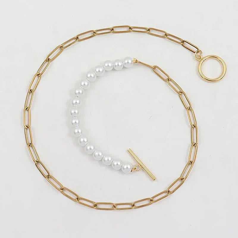 Fashion Paperclip Pearl Layered Necklace Bracelet