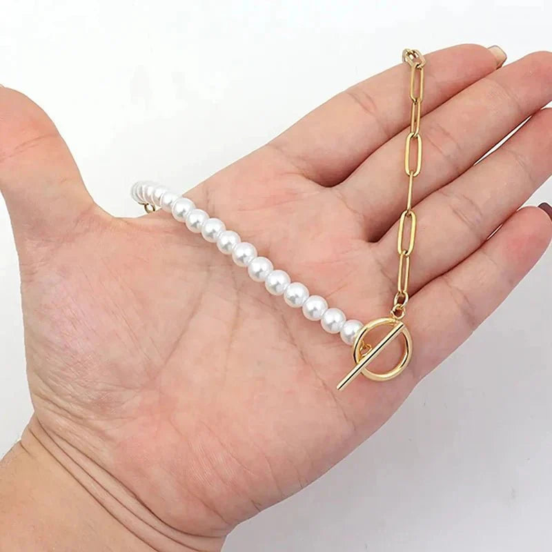 Fashion Paperclip Pearl Layered Necklace Bracelet