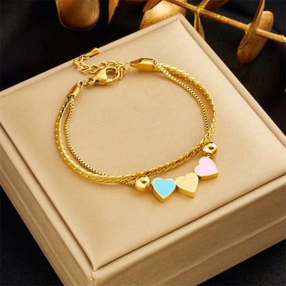 Colorful Heart Pendant Necklace and Charm Bracelet
