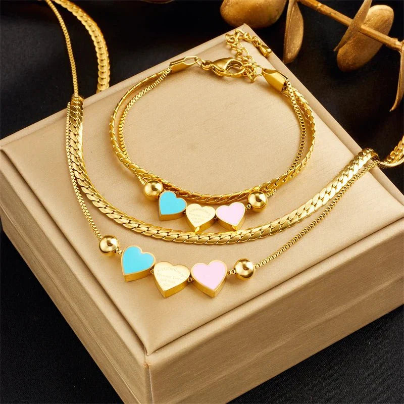 Colorful Heart Pendant Necklace and Charm Bracelet