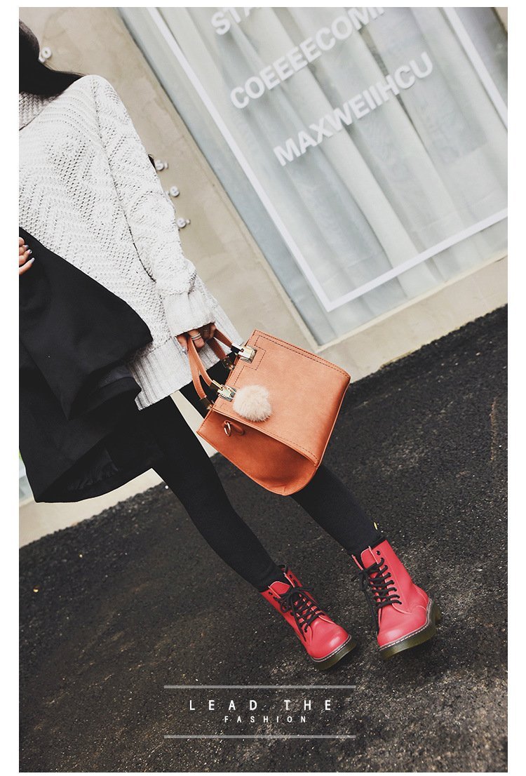 Luxury Fur Pom Pom Genuine Leather Tote Handbag