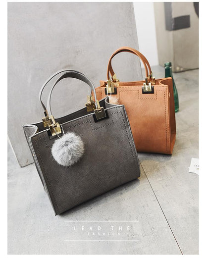Luxury Fur Pom Pom Genuine Leather Tote Handbag