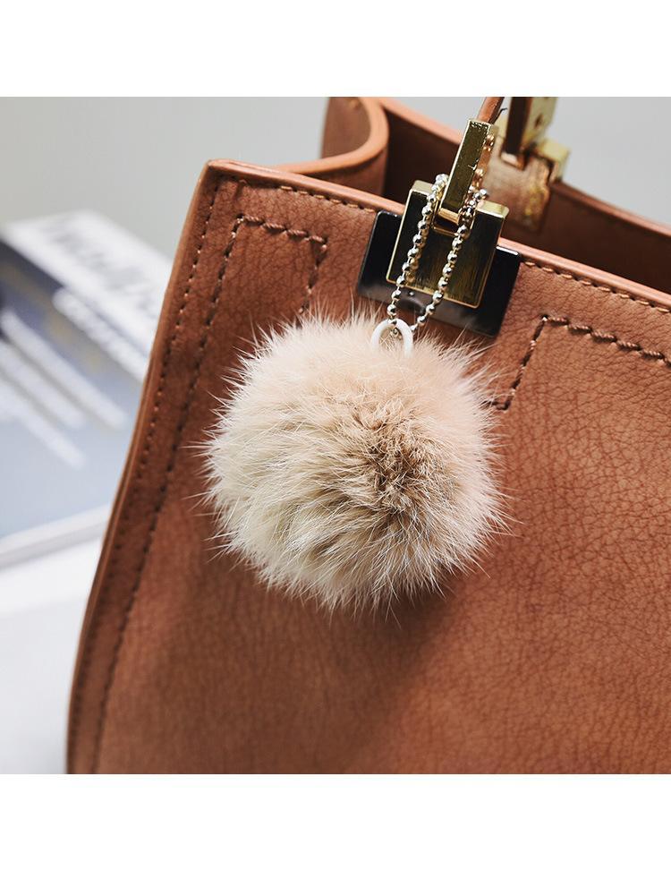 Luxury Fur Pom Pom Genuine Leather Tote Handbag