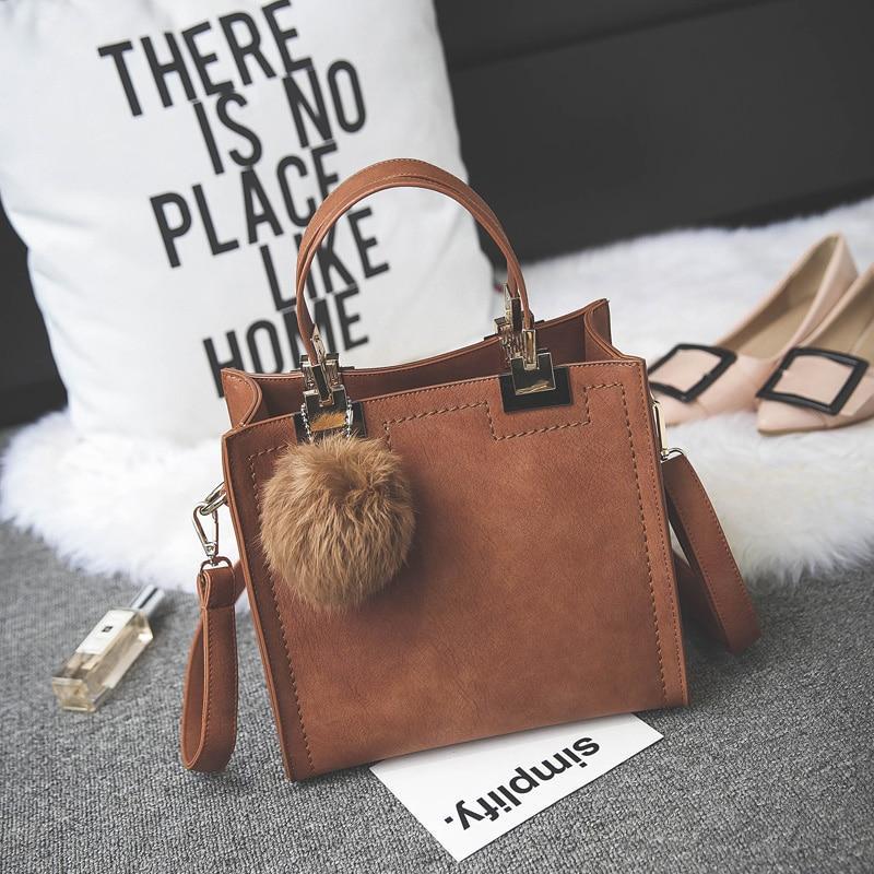 Luxury Fur Pom Pom Genuine Leather Tote Handbag
