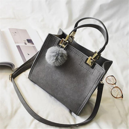 Luxury Fur Pom Pom Genuine Leather Tote Handbag
