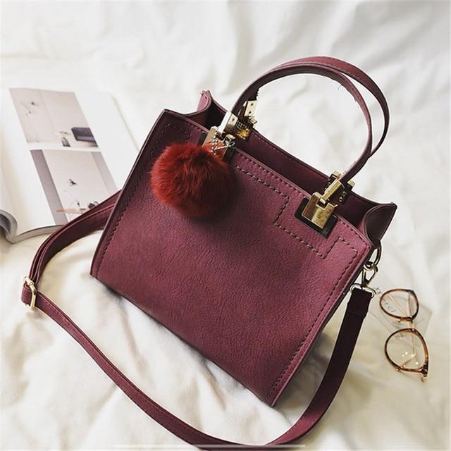 Luxury Fur Pom Pom Genuine Leather Tote Handbag