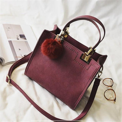 Luxury Fur Pom Pom Genuine Leather Tote Handbag