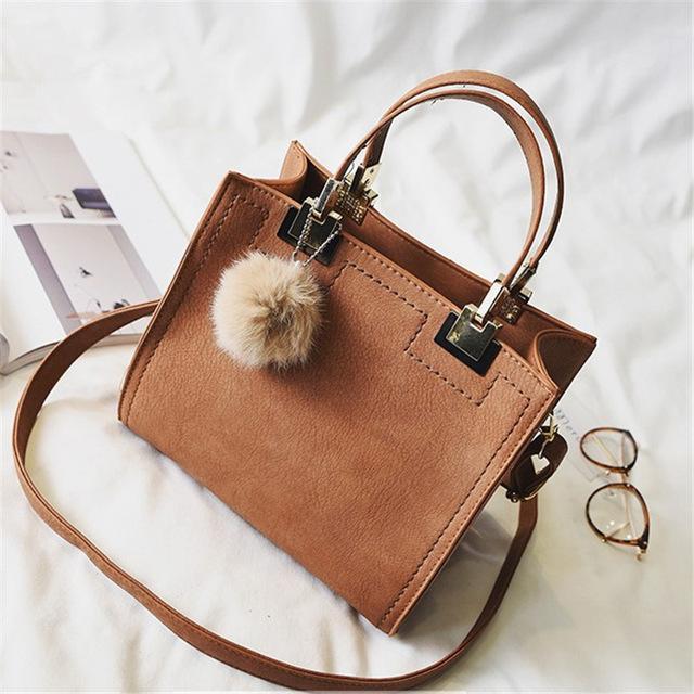 Luxury Fur Pom Pom Genuine Leather Tote Handbag