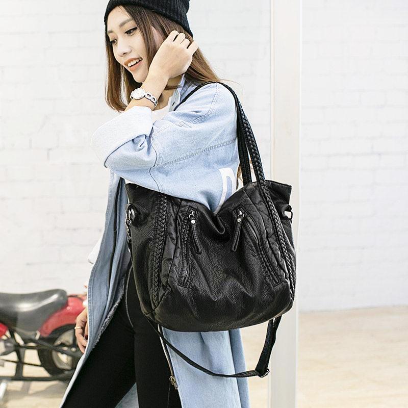 Fashionable Black Genuine Leather Tote Bag