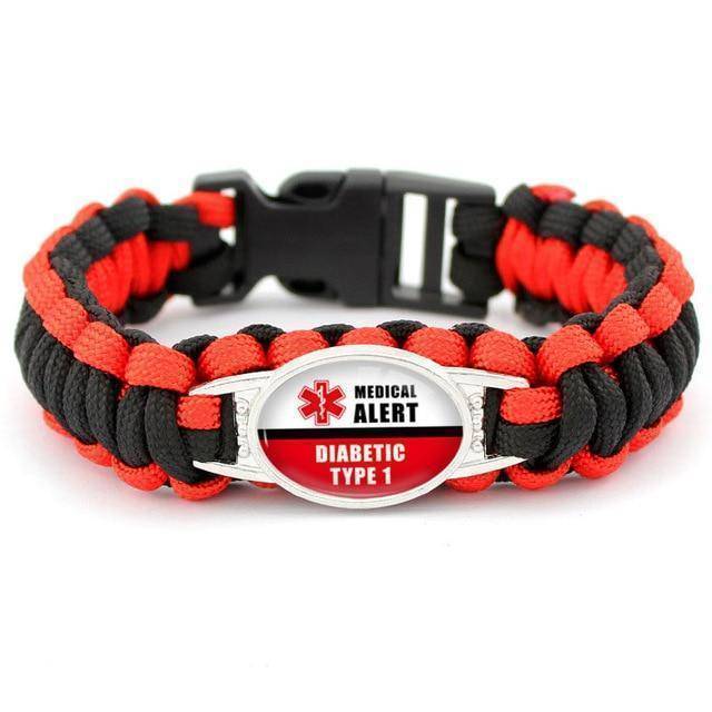 Medical Alert Bracelet for Diabetes - Red Black Rope Style - Yeezlab