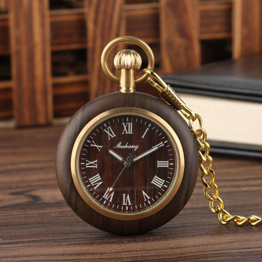 Stylish Mens Wooden Pocket Watch with Bamboo Case