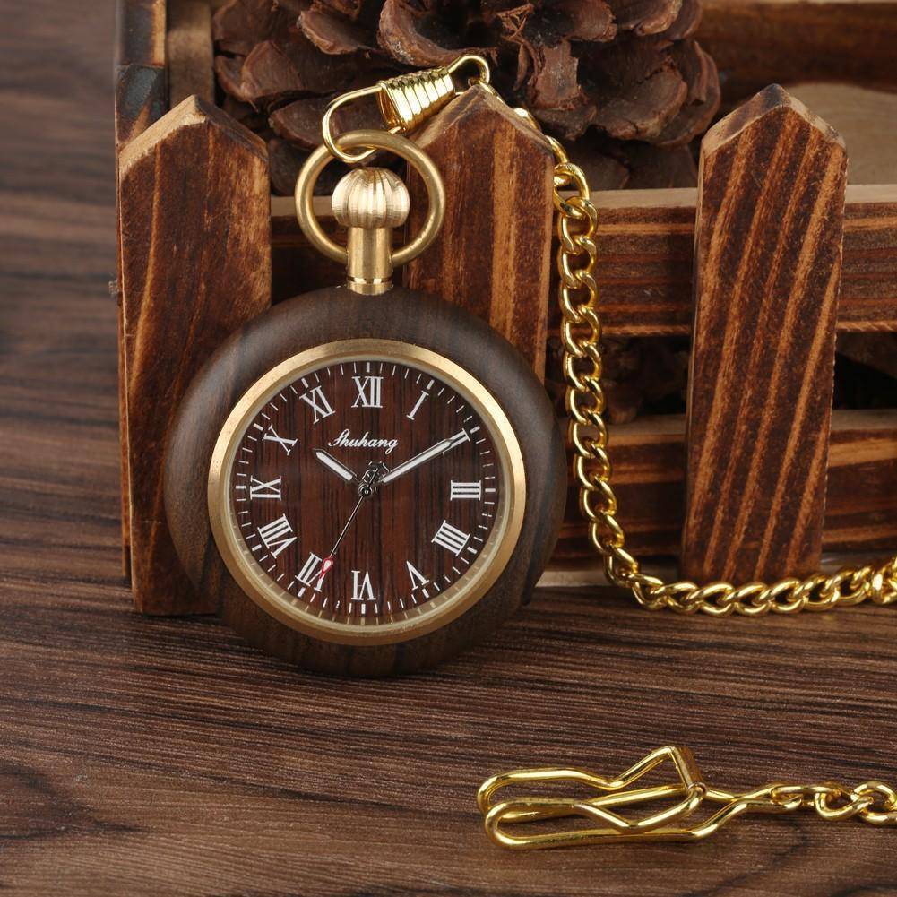 Stylish Mens Wooden Pocket Watch with Bamboo Case