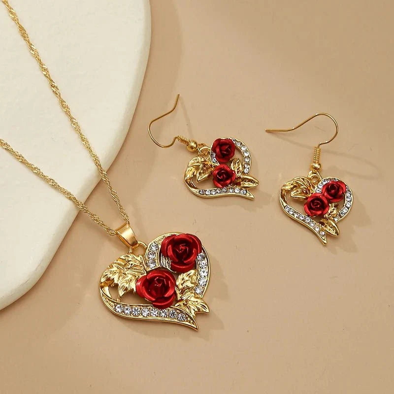 Lovely Rose Gold Heart Necklace and Earrings Set - Yeezlab