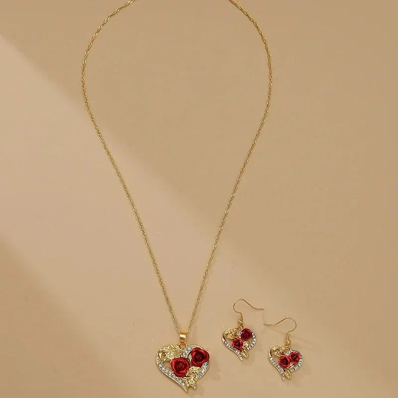 Lovely Rose Gold Heart Necklace and Earrings Set
