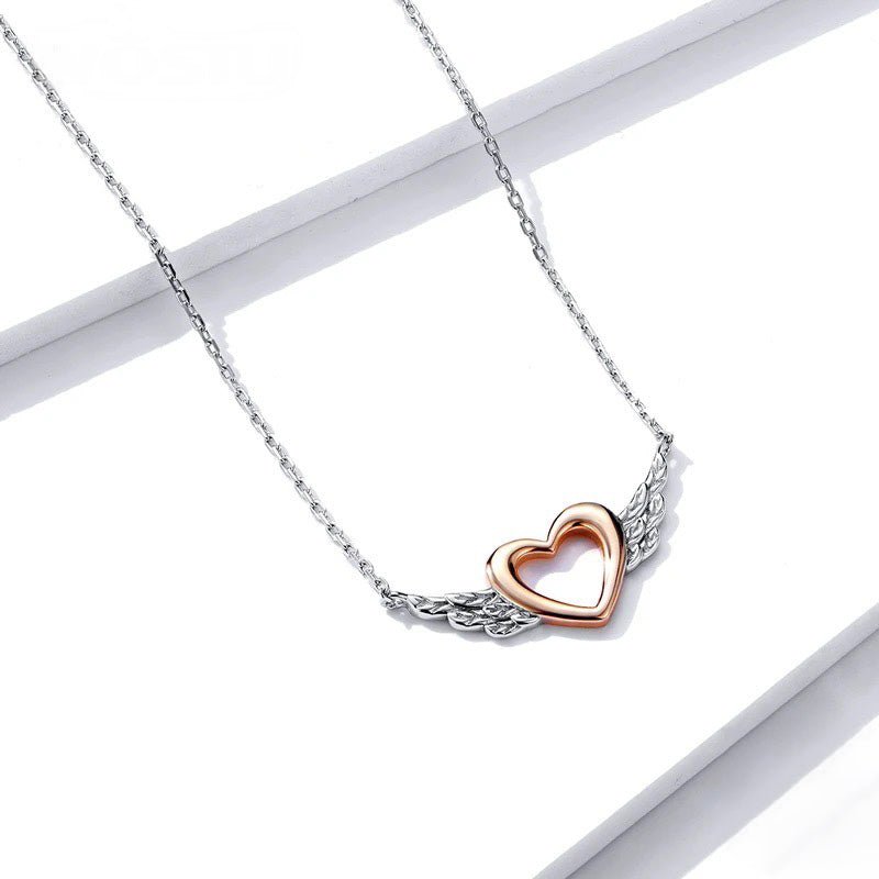 Sterling Silver Angel Wing Heart Pendant Necklace