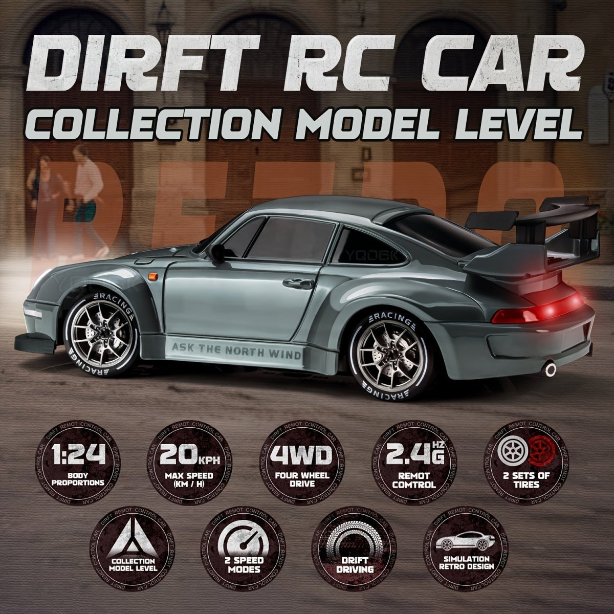 Fast 1:24 Scale 4WD RC Drift Car with LED Lights