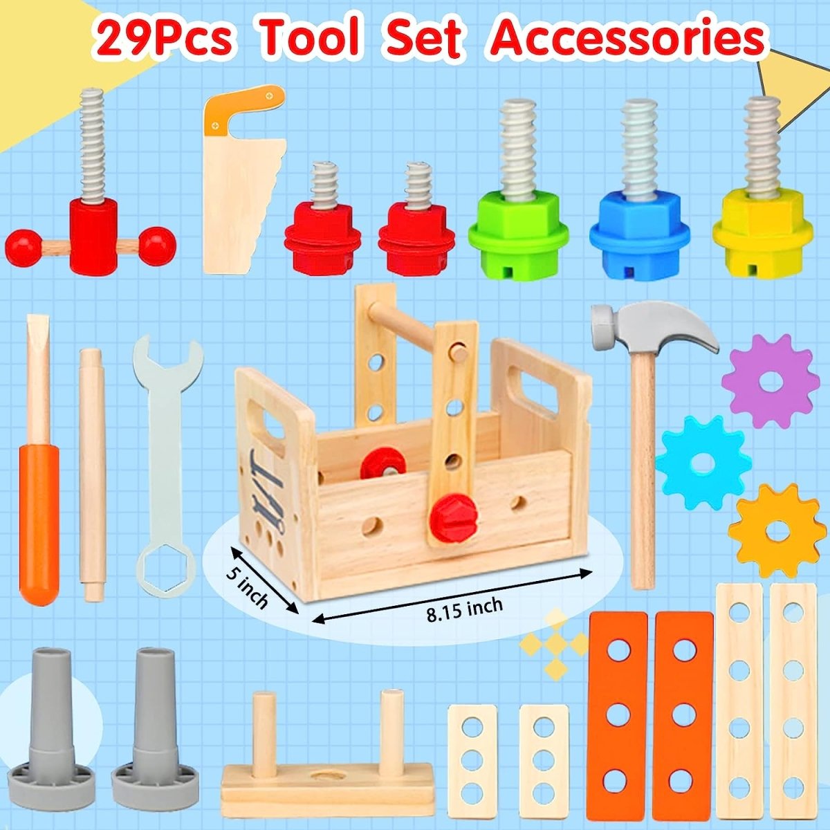 Kids Wooden Workbench Toolbox Set - 29 Piece Play Kit
