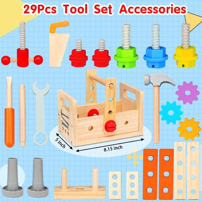 Kids Wooden Workbench Toolbox Set - 29 Piece Play Kit